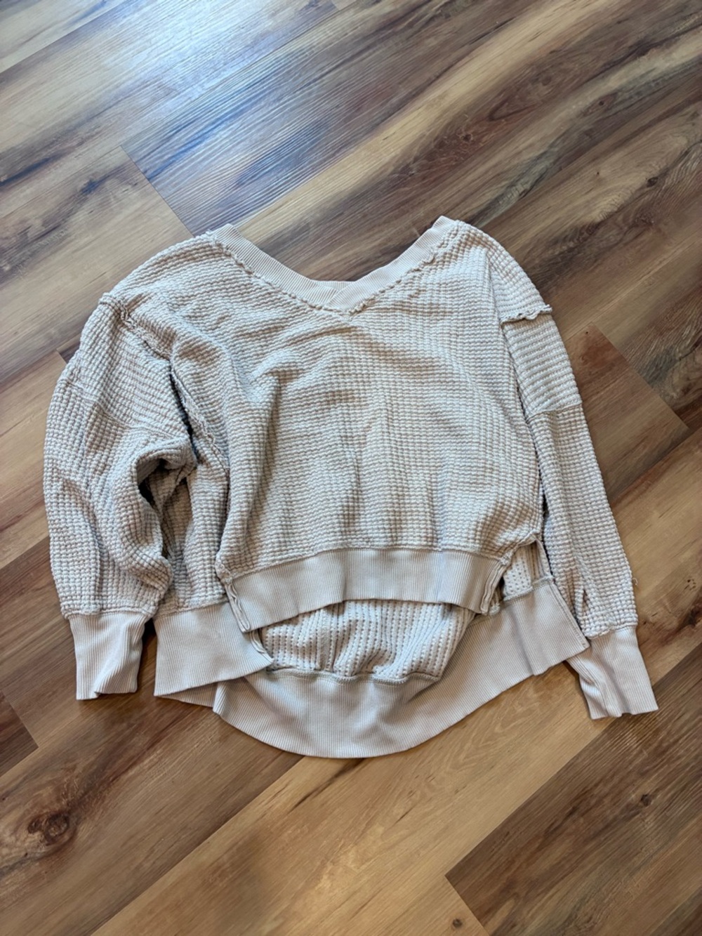 American Eagle Outfitters Cream Waffle V-Neck Sweater